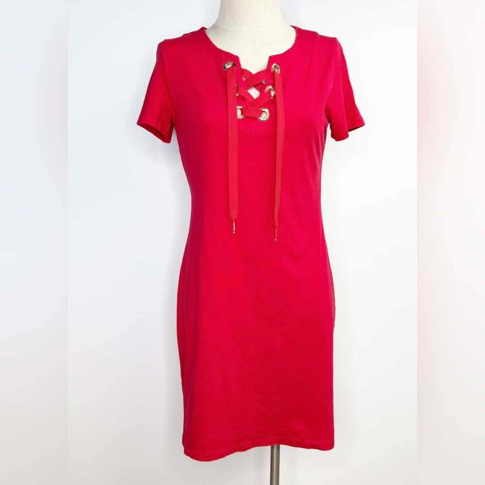 Calvin Klein Red Lace-Up Dress S Gold Eyelets Casual Chic Stretch